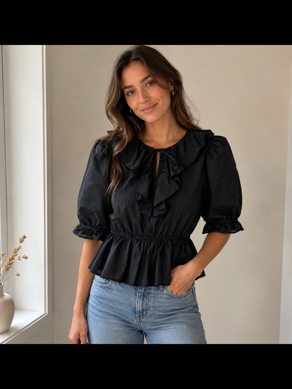 Hudson North Black Silk Blend Ruffle Tie Neck Peplum Blouse